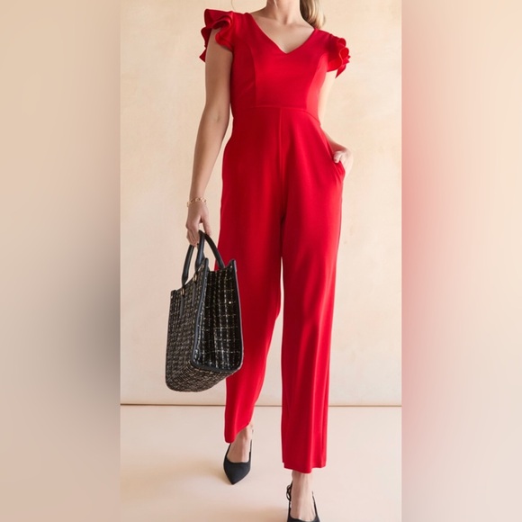 Red ruffle sleeve jumpsuit - Picture 3 of 3